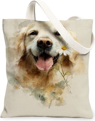 Generic Dog Floral Canvas Tote Bags, Artistic Animal Design Lightweight Washable Shoulder Strap Reusable Grocery Bags for Summer Tr, Beige, 13x15 Inch