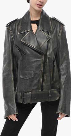 Off-white Vintage-Effect Leather Biker Jacket Off-White