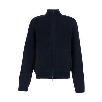 Emporio Armani Cardigan con zip e collo alto in lana vergine a coste - - Knitwear - Uomo - Blu - 2XL