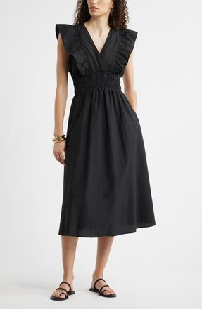 Nordstrom Flutter Sleeve Smocked Waist Midi Dress in Black at Nordstrom, Size Xx-Large