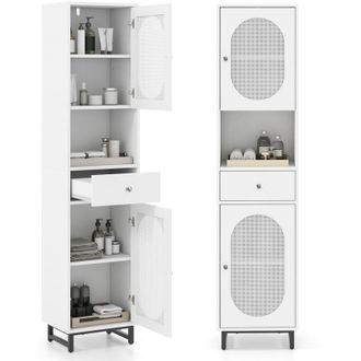 Costway 170cm Tall Bathroom Cabinet PE Rattan Floor Cabinet w/ 2 Doors-White