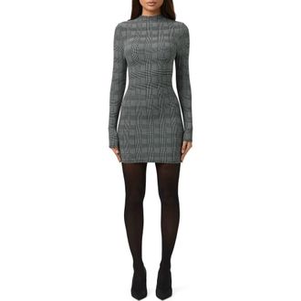 Naked Wardrobe Print Long Sleeve Body-Con Minidress in Houndstooth Plaid at Nordstrom, Size X-Small