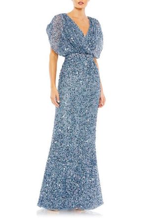 Mac Duggal Draped Sleeve Sequin V-Neck Gown in Slate Blue at Nordstrom, Size 10