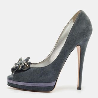 Casadei Grey Suede Crystal Embellished Bow Peep Toe Pumps