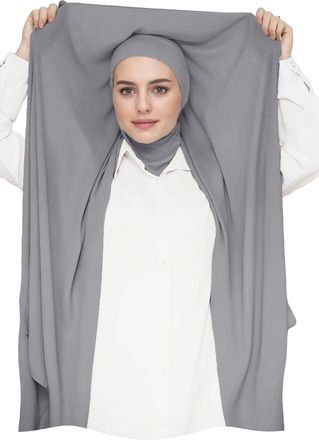 Lina & Lily Flowy Chiffon Instant Hijab Scarf Attached Jersey Ninja Undercap Full Coverage for Muslim Women (Dark Grey)