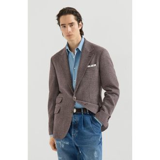 Brunello Cucinelli Comfort wool and cashmere Prince of Wales flannel deconstructed Cavallo blazer in Blueberry at Nordstrom, Size 48