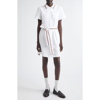 Thom Browne Belted Cotton Poplin Shirtdress in White at Nordstrom, Size 2 Us