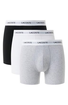Lacoste Core Essentials Assorted 3-Pack Stretch Cotton Boxer Briefs in Black/White/Silver Chine at Nordstrom, Size Medium