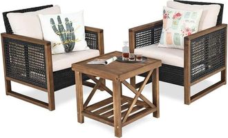 Costway Costway Conjunto De Muebles De Rat&aacute;n De Jard&iacute;n De 3 Piezas, Mesa De Caf&eacute; De Madera De Acacia Y 2 Sillas De Rat&aacute;n Pe, Terraza, Patio