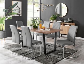 Furniturebox Kylo Large Brown Wood Effect Dining Table & 6 Lorenzo Faux Leather Chairs in Grey