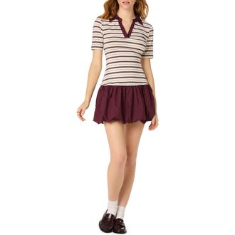 ASTR the Label Emmalee Mixed Media Bubble Hem Minidress in Burgundy Stripe at Nordstrom, Size X-Large
