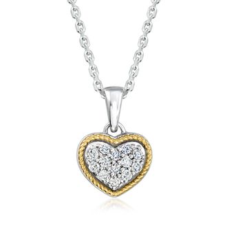 Ross-Simons Pave Diamond Heart Pendant Necklace in Sterling Silver and 14kt Yellow Gold