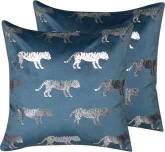 Beliani Conjunto De Cojines Decorativos De Terciopelo Azul Estampado Animal L&aacute;mina 45 X 45 Cm Motivo De Tigre Decoraci&oacute;n Glamour Bluebell