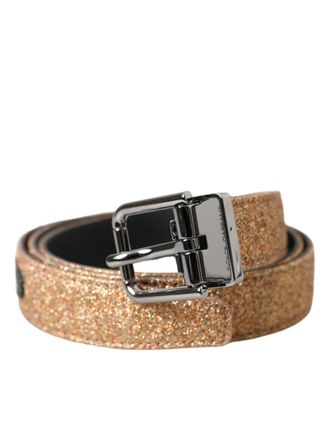 Dolce & Gabbana Womens Gold Glitter Leather Silver Metal Buckle Belt