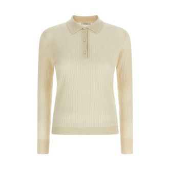Max Mara Polo A Coste Con Bottoni - Dames - Cashmere truien - Wit - M - Kasjmier - Truien & Vesten