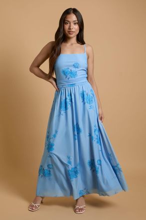 Oasis Womens Petite Printed Mesh Strappy Prom Midi Dress - Blue - Size 14 UK
