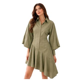 Weili Zheng Shirt Dresses, female, Green, Size: M Midi Shirt Dress in Asymmetric Poplin with Ruffle Hem