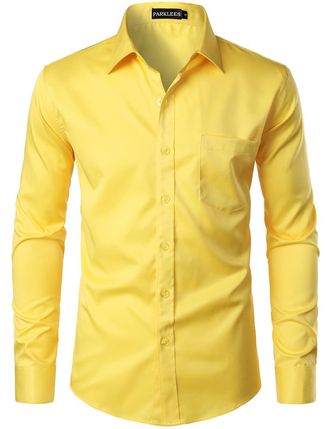 PARKLEES Mens Urban Stylish Casual Business Slim Fit Long Sleeve Button Up Dress Shirt with Pocket EU-PZLCL29 Bright Yellow XXX-Large