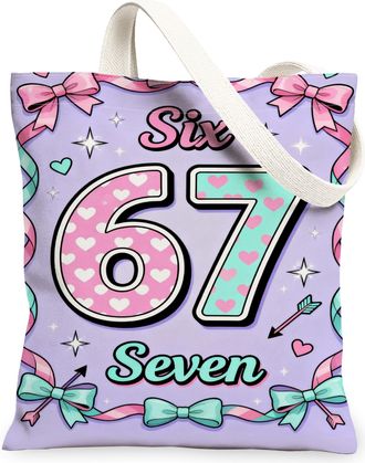 Generic Playful Hearts Canvas Tote Bags, Cute Bow Pattern Reusable Grocery Bags, Lightweight Washable Shoulder Strap Canvas for Sho, Violet, 13x15 Inch