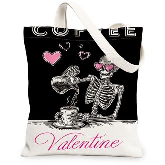 Generic Valentine Skeleton Canvas Tote Bags, Cute Skeleton Love Design Reusable Grocery Bags, Lightweight Washable Shoulder Strap C, White, 13x15 Inch