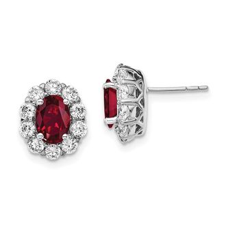 Diamond2Deal 14k White Gold 1 1/5 Ct Lab Grown Diamond and Oval Created Ruby Halo Stud Earrings