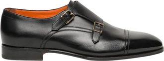 Santoni Double Buckle Loafer - Heren - Nette schoenen - Zwart - 41 1/2 EU - Leer - Schoenen