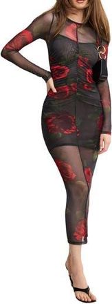 Good American Ruched Long Sleeve Mesh Maxi Dress in Moody Red Roses001 at Nordstrom Rack, Size X-Large