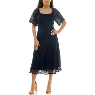 Nina Leonard Flutter Sleeve Lace MIdi Dress in Navy at Nordstrom Rack, Size X-Large