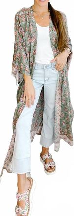Papillon Floral With Bell Sleeves Duster Cardigan In Green/pink