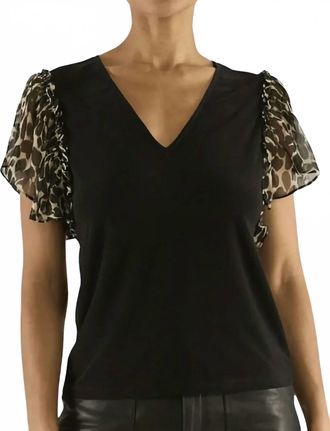 Ramy Brook Lysette V-Neck Flutter Sleeve Top In Black/bone Foliage