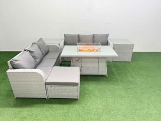 Fimous Outdoor Garden Furniture Sets 7 Seater Wicker Rattan Furniture Sofa Sets w/ Firepit Dining Table high Back Lounge Sofa Big Footstool 2 Side