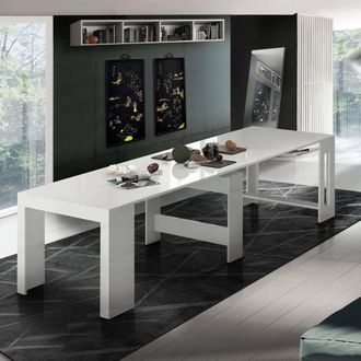 Dmora Dmora - Mesa Extensible Dguigo, Consola Extensible Hasta 12 Asientos, Mesa Con Soporte De Extensi&oacute;n, 100% Made In Italy, Cm 51/300x90h77, Blanco Brill