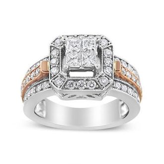 House of Brilliance 14K White and Rose Gold 1 1/8 Cttw Diamond Art Deco Style Triple Shank Cocktail Ring at Nordstrom, Size 4.5