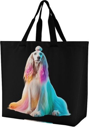 Generic Afghan Hound Dog with Rainbow Hair Tote Bag Reusable Grocery Shopping Bags Large Travel One Shoulder Handbag for Picnic Work