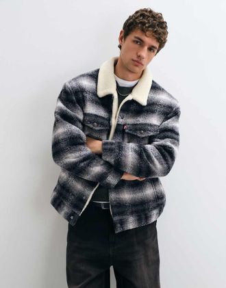 Levi's giacca trucker a quadri foderata in sherpa nera-Blu
