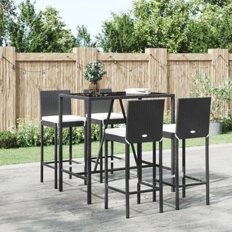 vidaXL Mesa Y Taburetes Altos Jard&iacute;n 5 Pzas Y Cojines Rat&aacute;n Pe Negro Vidaxl
