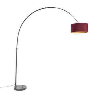 QAZQA Qazqa Moderno L&aacute;mpara De Arco Negra Con Pantalla De Terciopelo Rojo Y Dorado 50 Cm - Xxl Acero /m&aacute;rmol /textil Alargada /cil&iacute;ndra /redonda Adecuado Pa
