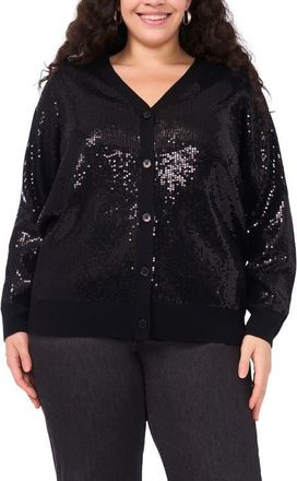 Vince Camuto Sequin Mixed Media Cardigan in Rich Black at Nordstrom, Size 3X