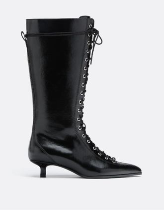 Stradivarius stivali stringati con tacco neri-Nero