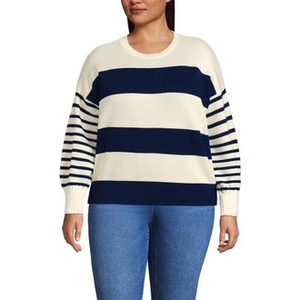 Lands End Drifter Jersey Crewneck Sweater in Navy/fresh Ivory Wide Stripe at Nordstrom, Size 1 X