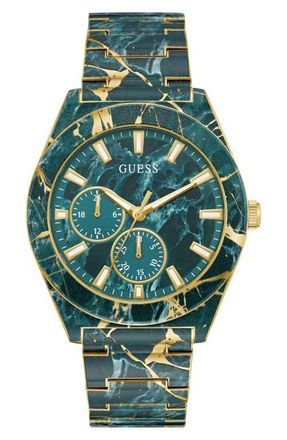 Guess Marbled Multifunction Bracelet Watch, 44mm in Green Marble at Nordstrom