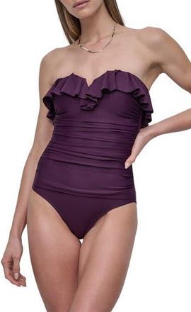 DKNY Ruffled Bandeau One-Piece Swimsuit in Port at Nordstrom Rack, Size Large