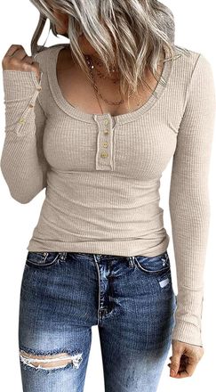 Generic Women Long Sleeve Henley T Shirts UK Button Down Slim Fit Casual Tops V-Neck Ribbed Knit Tunic Shirts 2023
