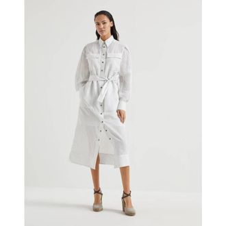 Brunello Cucinelli Womens White Striped Belted Dress, Size L