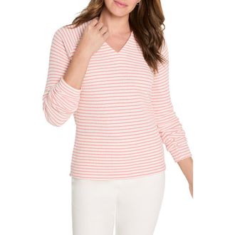 Nic+Zoe Stripe Thermal Split Neck Long Sleeve Top in Pink Multi at Nordstrom, Size Medium P