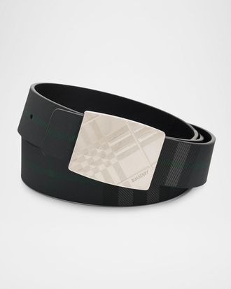 Burberry Mens Check-Engraved Buckle Reversible Leather Belt