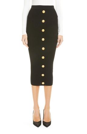 Balmain Button Front Rib Midi Skirt in 0Pa 0Pa Noir at Nordstrom, Size 2 Us