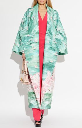 Balmain Long Coat With Floral Motif, Womens, Green