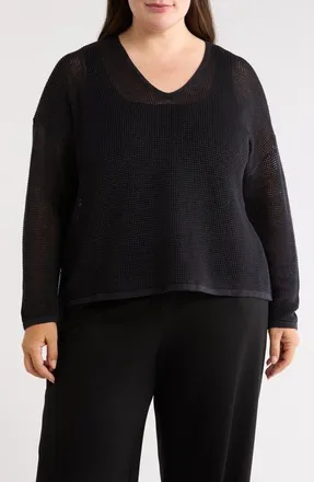 Eileen Fisher V-Neck Open Knit Sweater in Black at Nordstrom, Size 2X