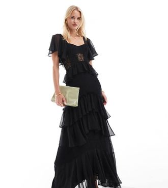 Asos Tall ASOS DESIGN Tall flutter sleeve tiered midi dress with lace insert in black
